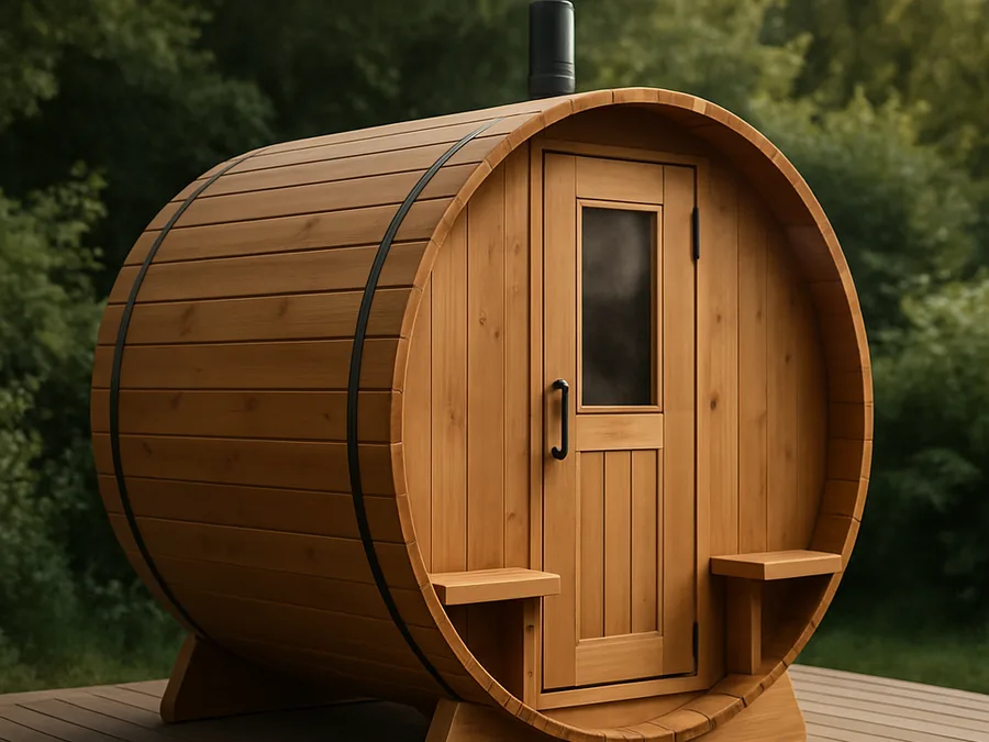 A cedar barrel sauna with a chimney on a wooden deck surrounded by greenery.