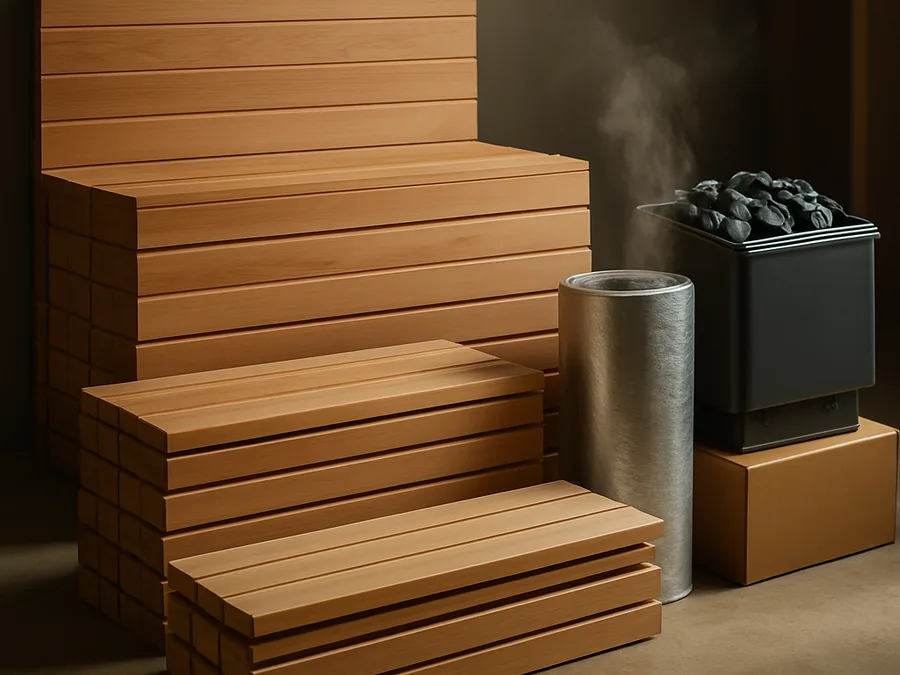 Stacked cedar panels, a roll of foil vapor barrier and a boxed heater for a DIY sauna kit.