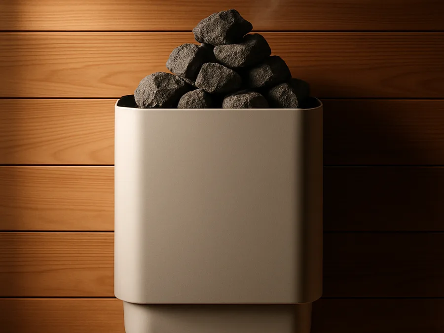 A modern electric sauna heater topped with dark stones on a cedar wall.