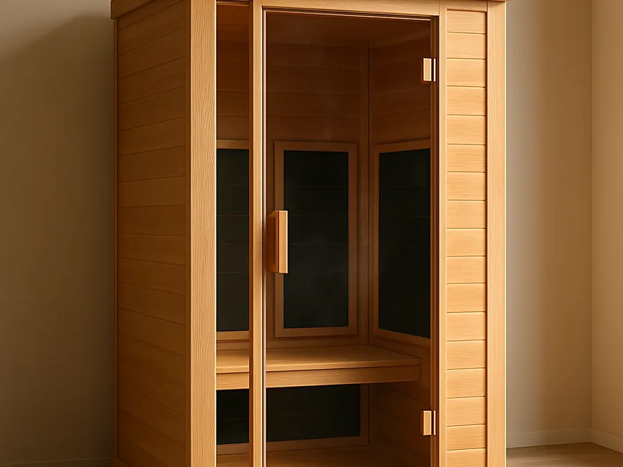 A small infrared sauna cabin with a glass door and interior heating panels.