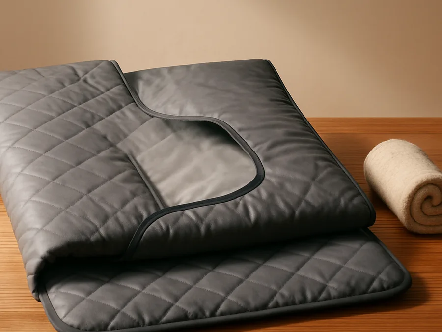A quilted infrared sauna blanket laid out beside a rolled towel.