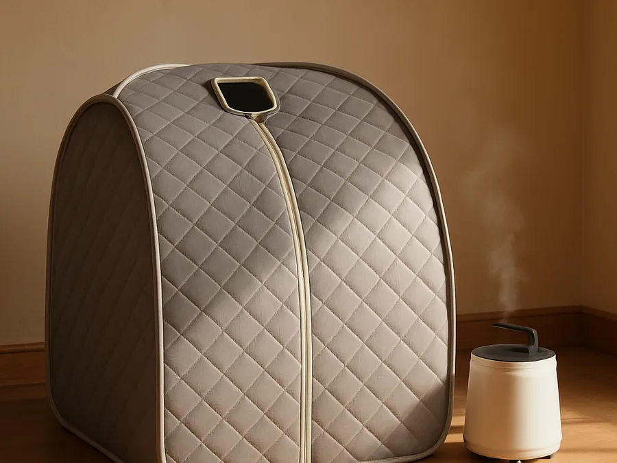 A compact portable sauna tent with a small steam unit in a bright room.