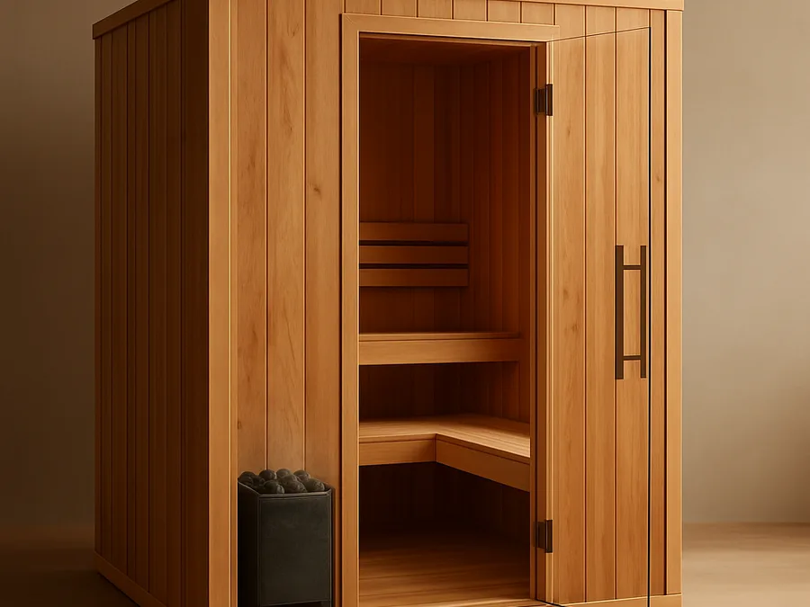 A traditional cedar sauna cabin with a glass door, tiered benches and a stone heater.