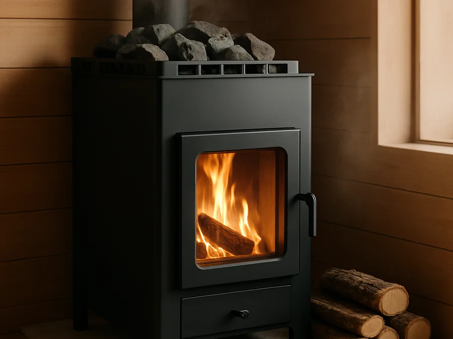 A black wood-burning sauna stove with a glowing fire door and stones on top.
