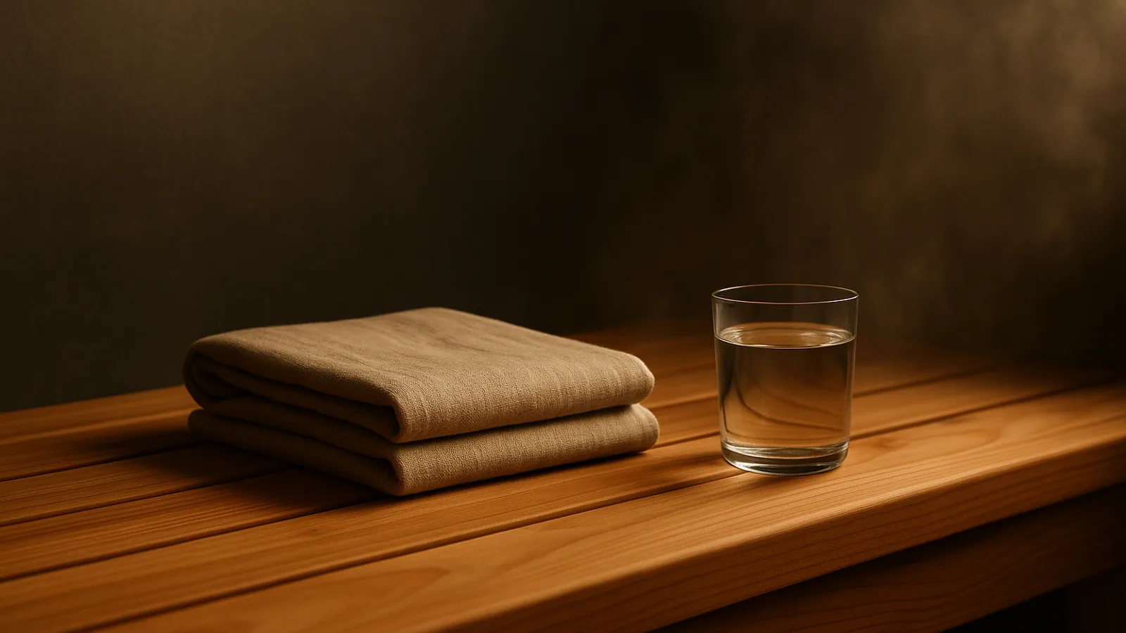A folded towel and a glass of water on a cedar sauna bench in soft light.