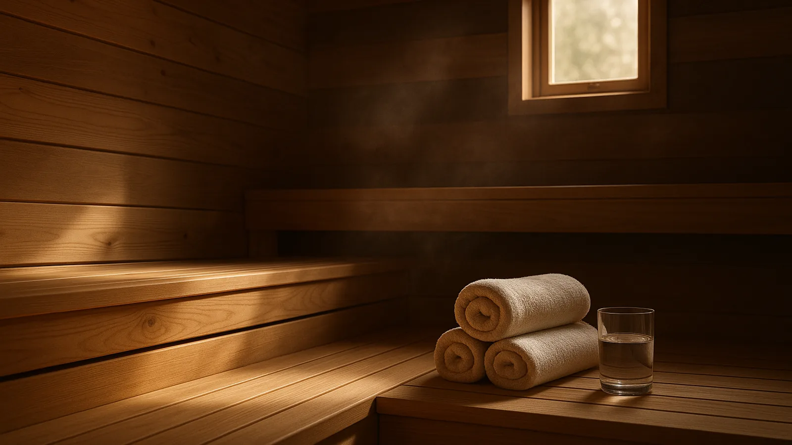 A tidy cedar sauna with folded towels and a glass of water in calm light.