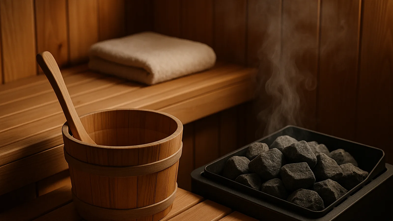 A wooden bucket and ladle beside a sauna heater with rising steam.