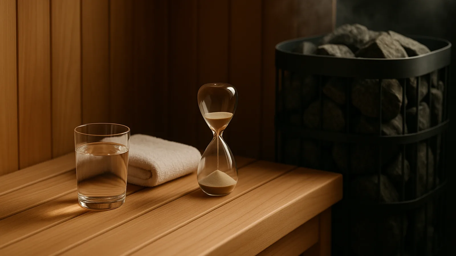 A glass of water, towel and sand timer on a cedar sauna bench near a guarded heater.