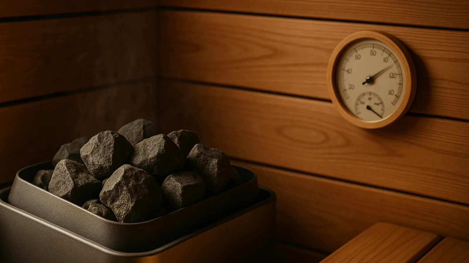 A sauna stone heater with a round wall thermometer on cedar wall planks.