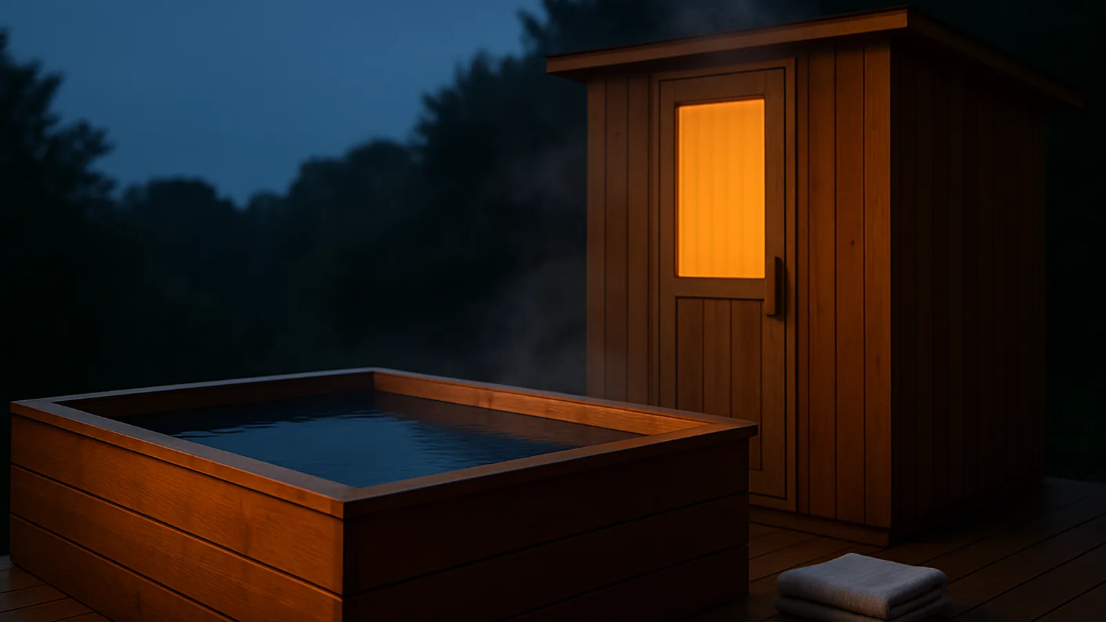 A wooden cold plunge tub of clear water beside a sauna in soft daylight.