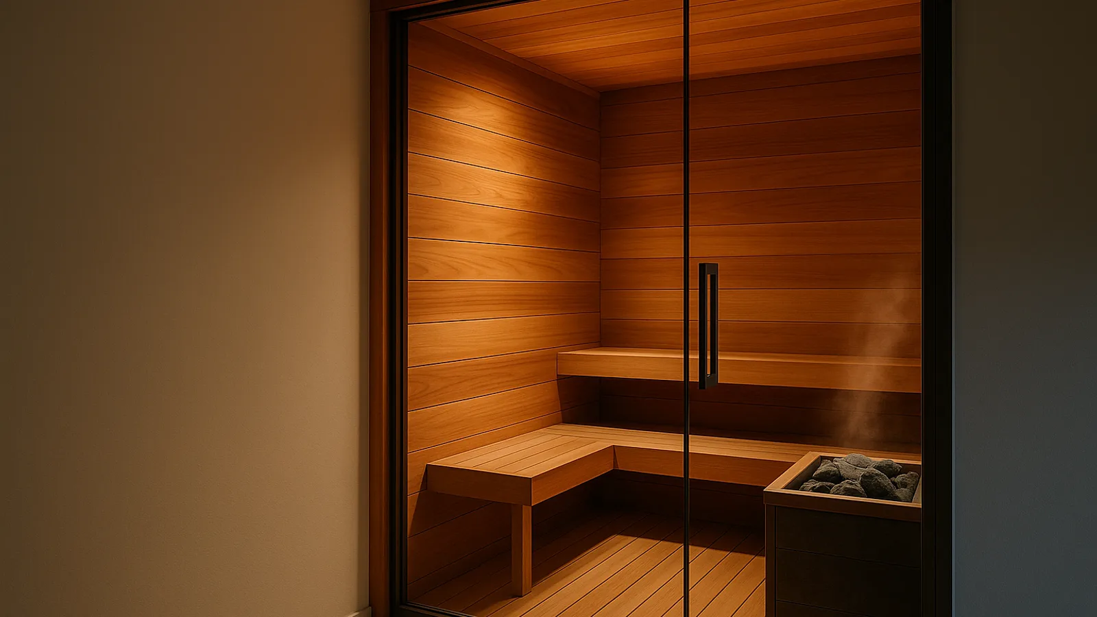 An indoor home sauna with cedar walls, a glass door and a stone heater.