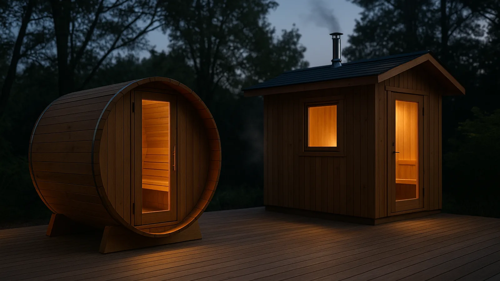 A cedar barrel and cabin sauna in a backyard at dusk with warm window light.