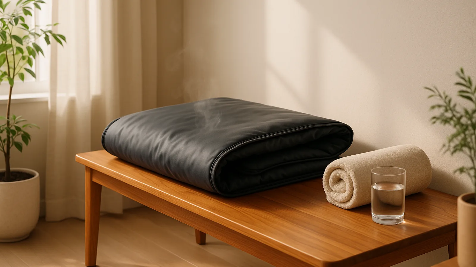 A portable infrared sauna blanket folded on a bench in a bright modern apartment.