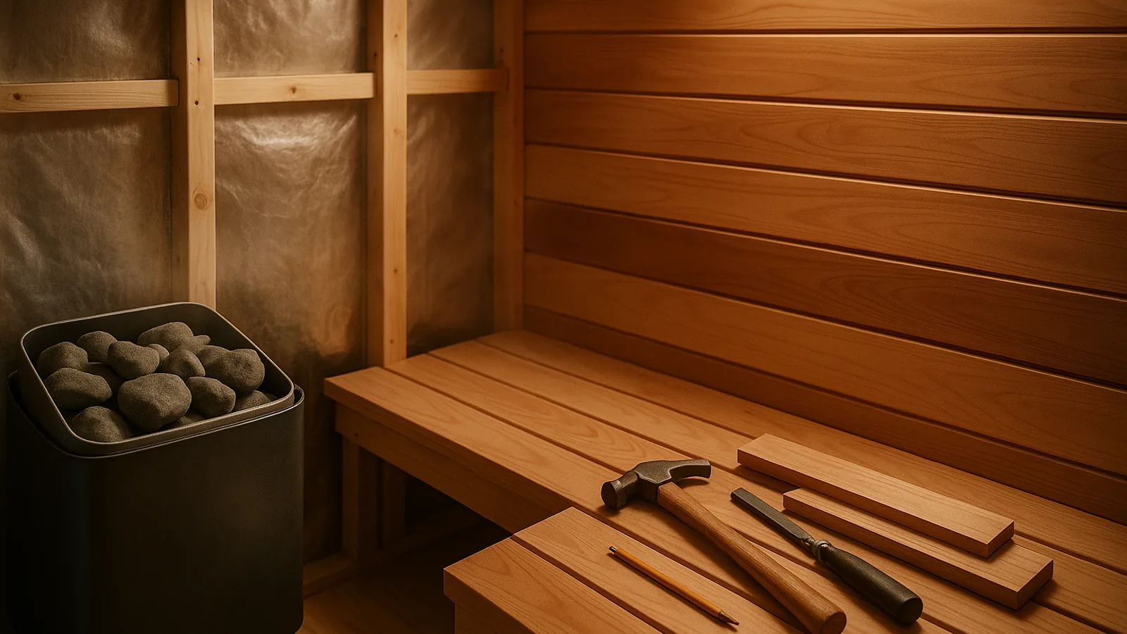 A partly built sauna showing cedar cladding over a foil vapor barrier and framing.